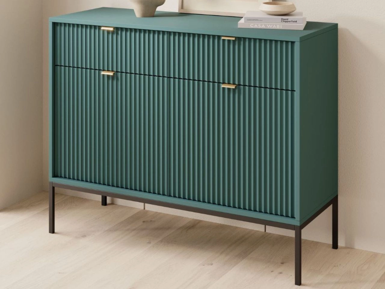 Komoda z drzwiami i szufladami Amber zielona na czarnych nogach