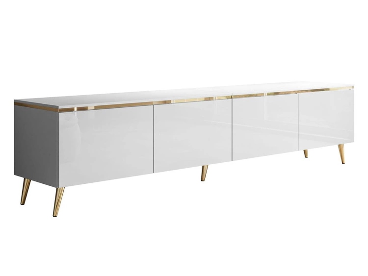 Szafka RTV czterodrzwiowa w stylu glamour z oświetleniem LED Celle biały połysk