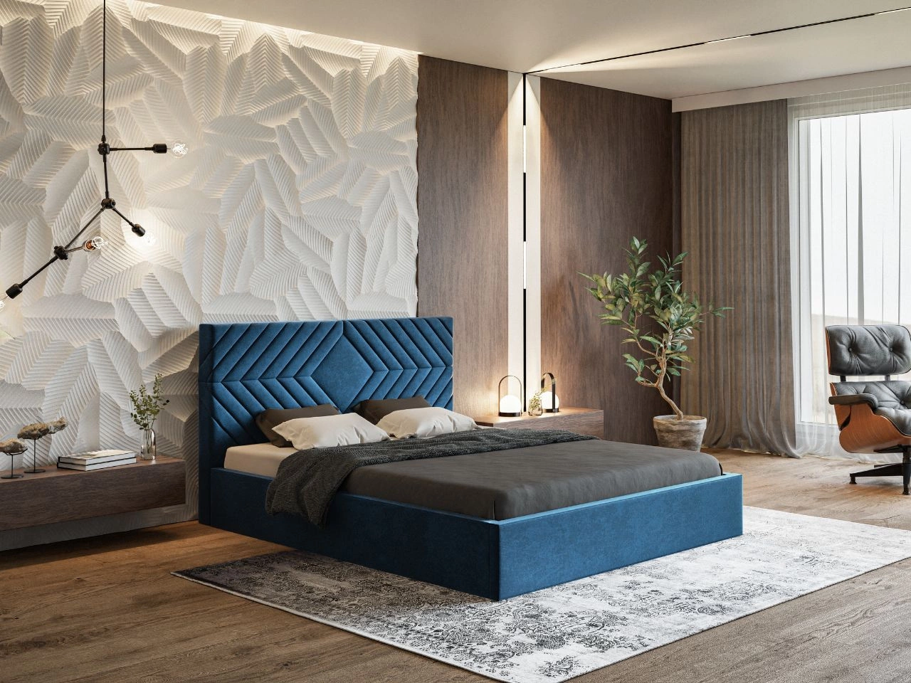 Łóżko tapicerowane z pojemnikiem i stelażem 180x200 Loris Ciemnoniebieskie