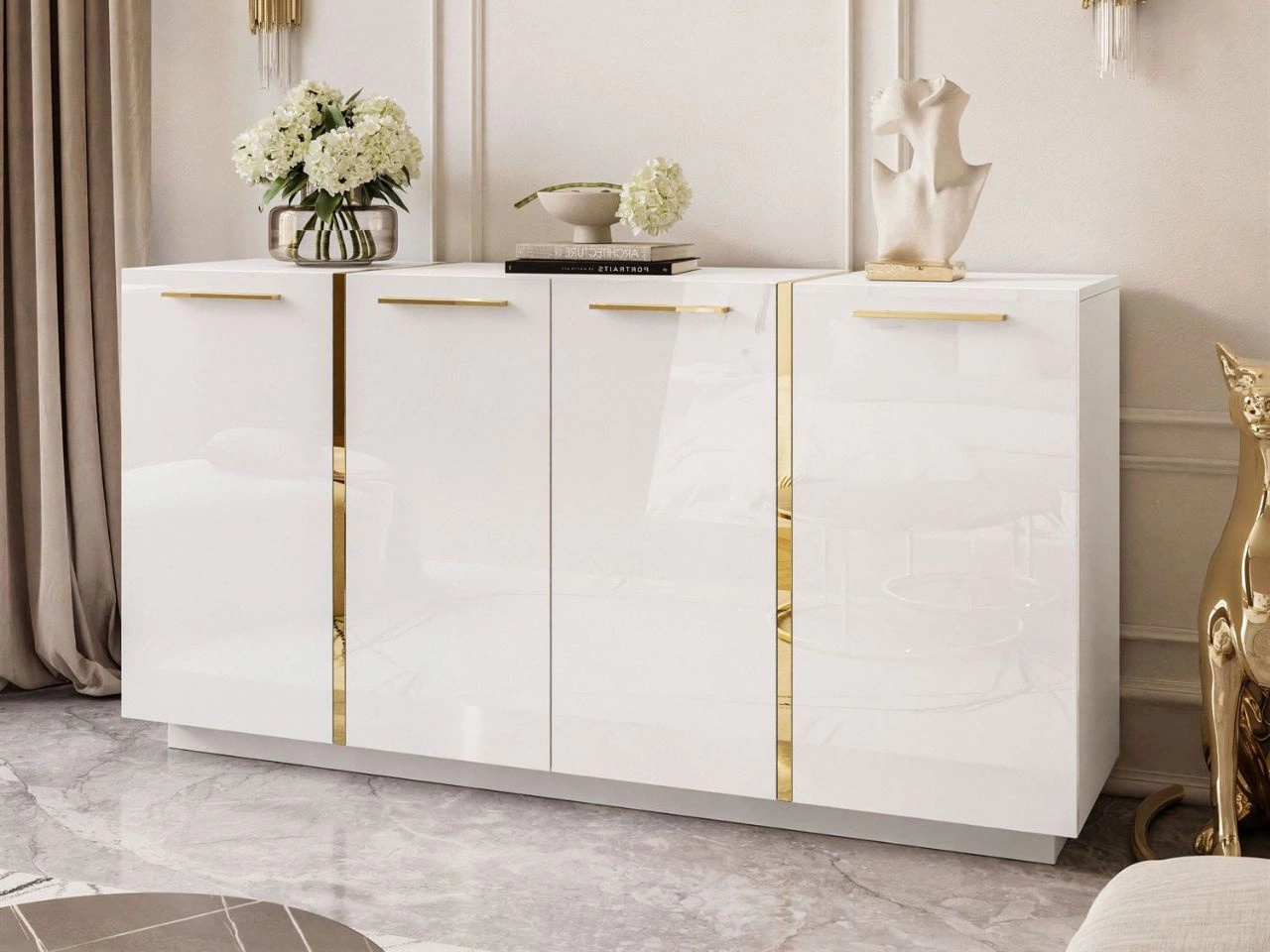 Czterodrzwiowa komoda 158 cm w stylu glamour ze złotymi uchwytami Lunelie biały połysk