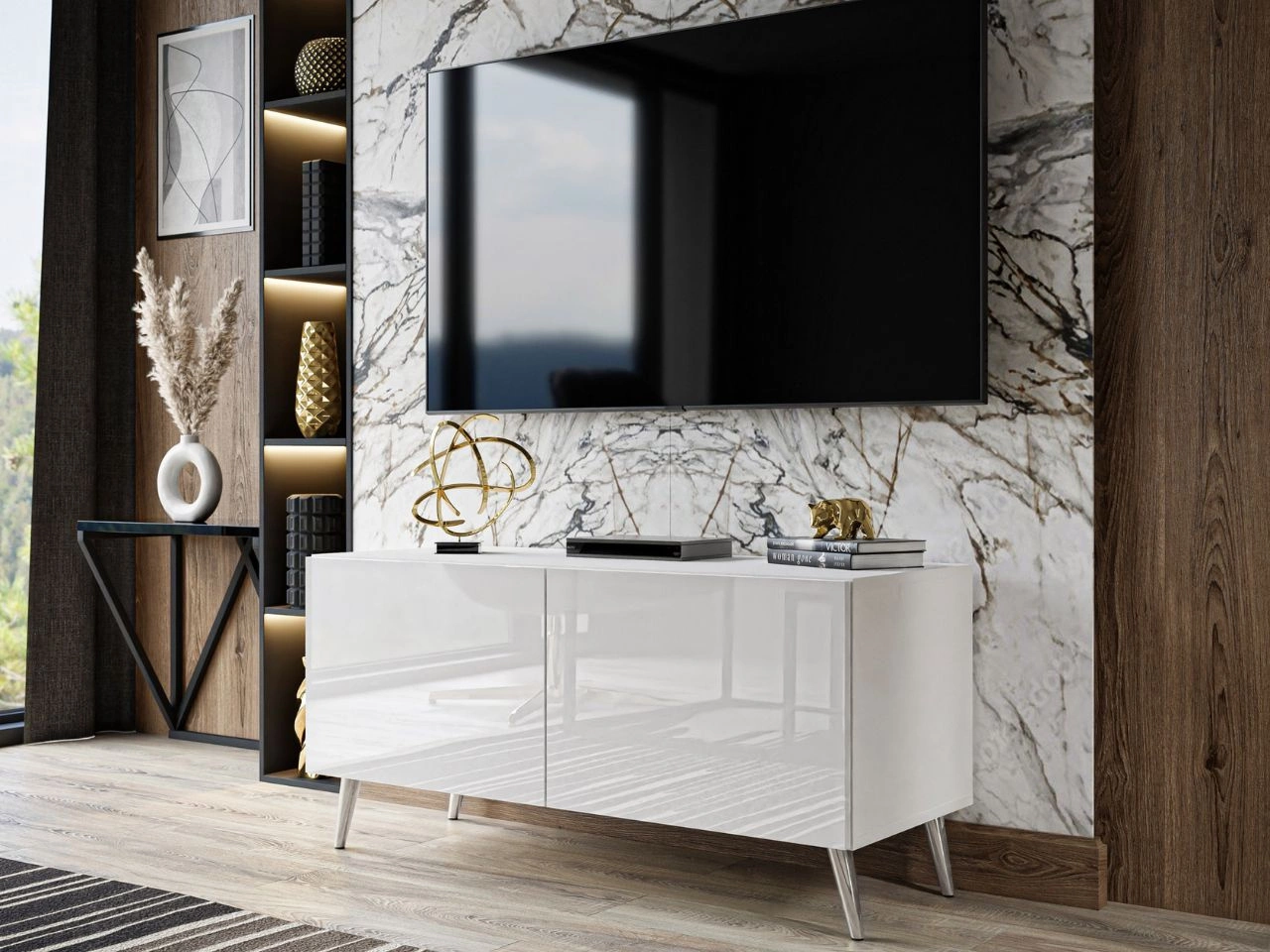 Szafka RTV pod telewizor z drzwiczkami i oświetleniem LED na srebrnych nóżkach 100 cm Noaé Biały połysk