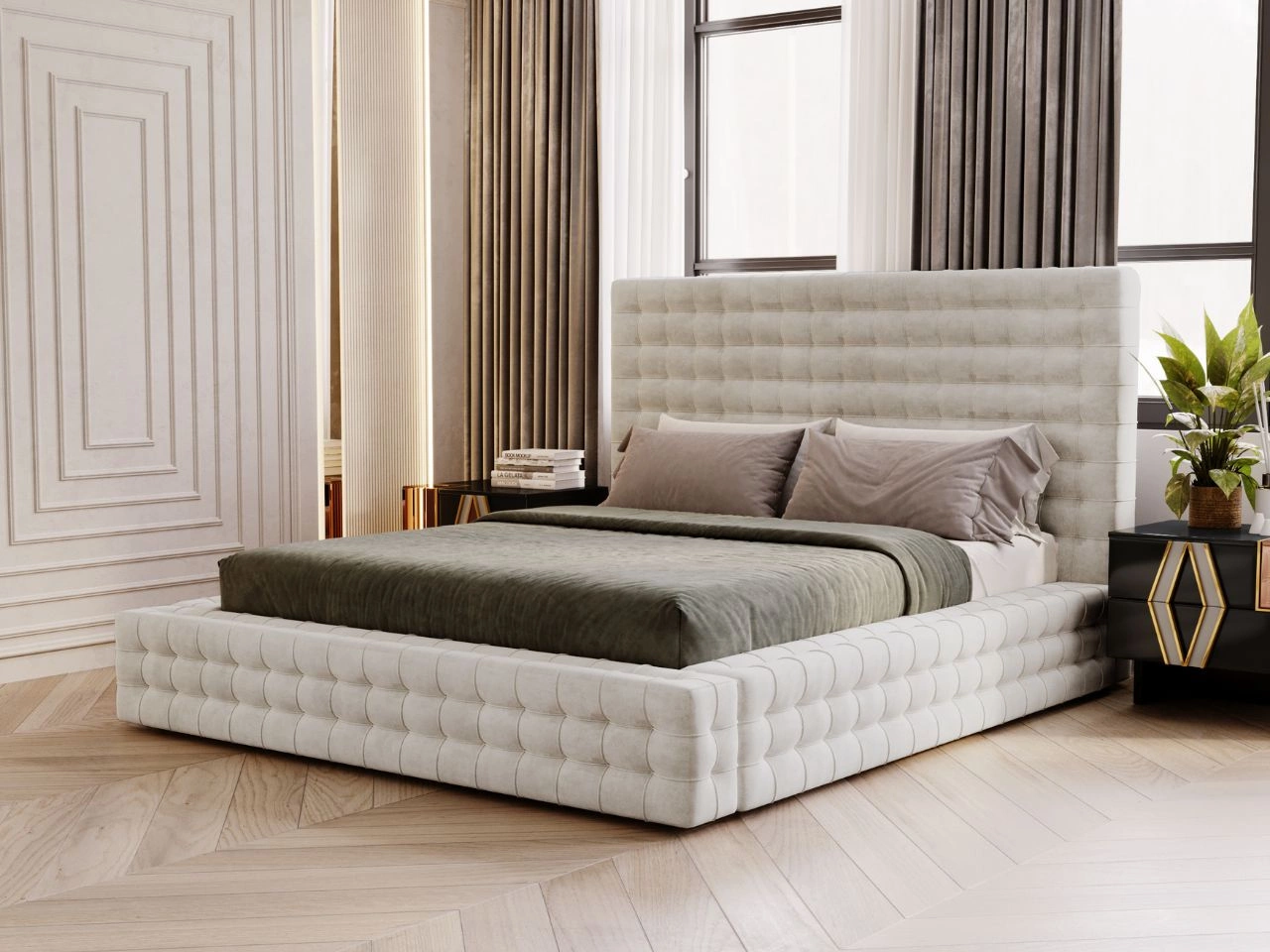 Łóżko tapicerowane z pojemnikiem i stelażem 160x200 Barbados Kremowe