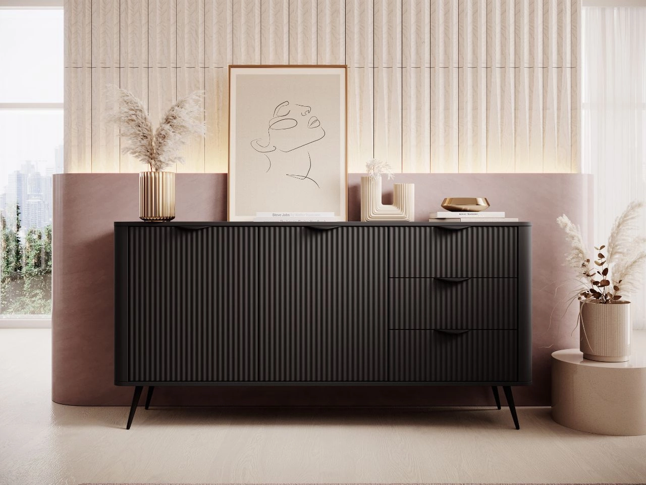 Komoda z szufladami i drzwiami 163 cm Latina Czarna