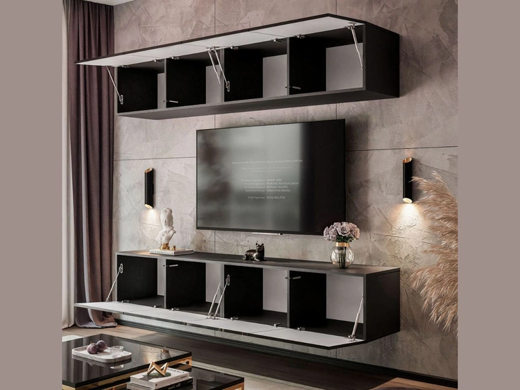 Wisząca meblościanka do salonu z oświetleniem LED Nodoo Czarny połysk