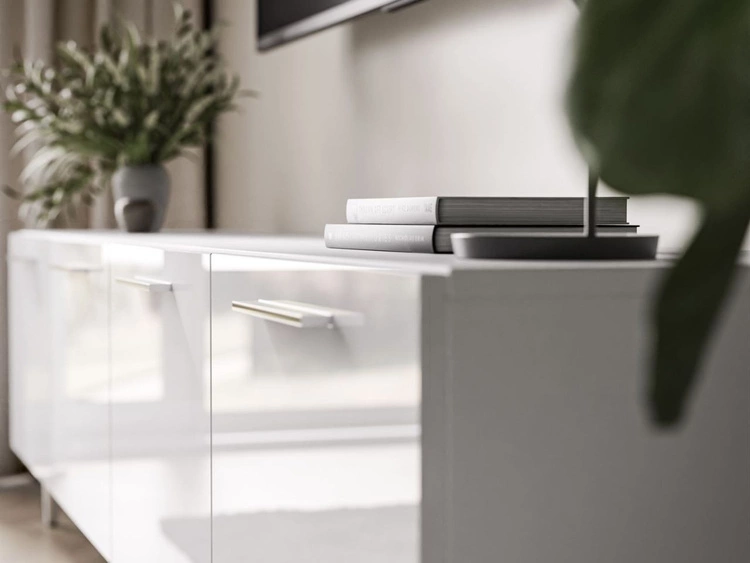 Szafka RTV pod telewizor z drzwiczkami na srebrnych nóżkach 200 cm Noaé Biały Połysk