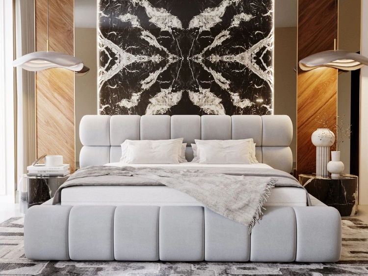 Łóżko tapicerowane z pojemnikiem i stelażem 160x200 Mellow Jasny szary