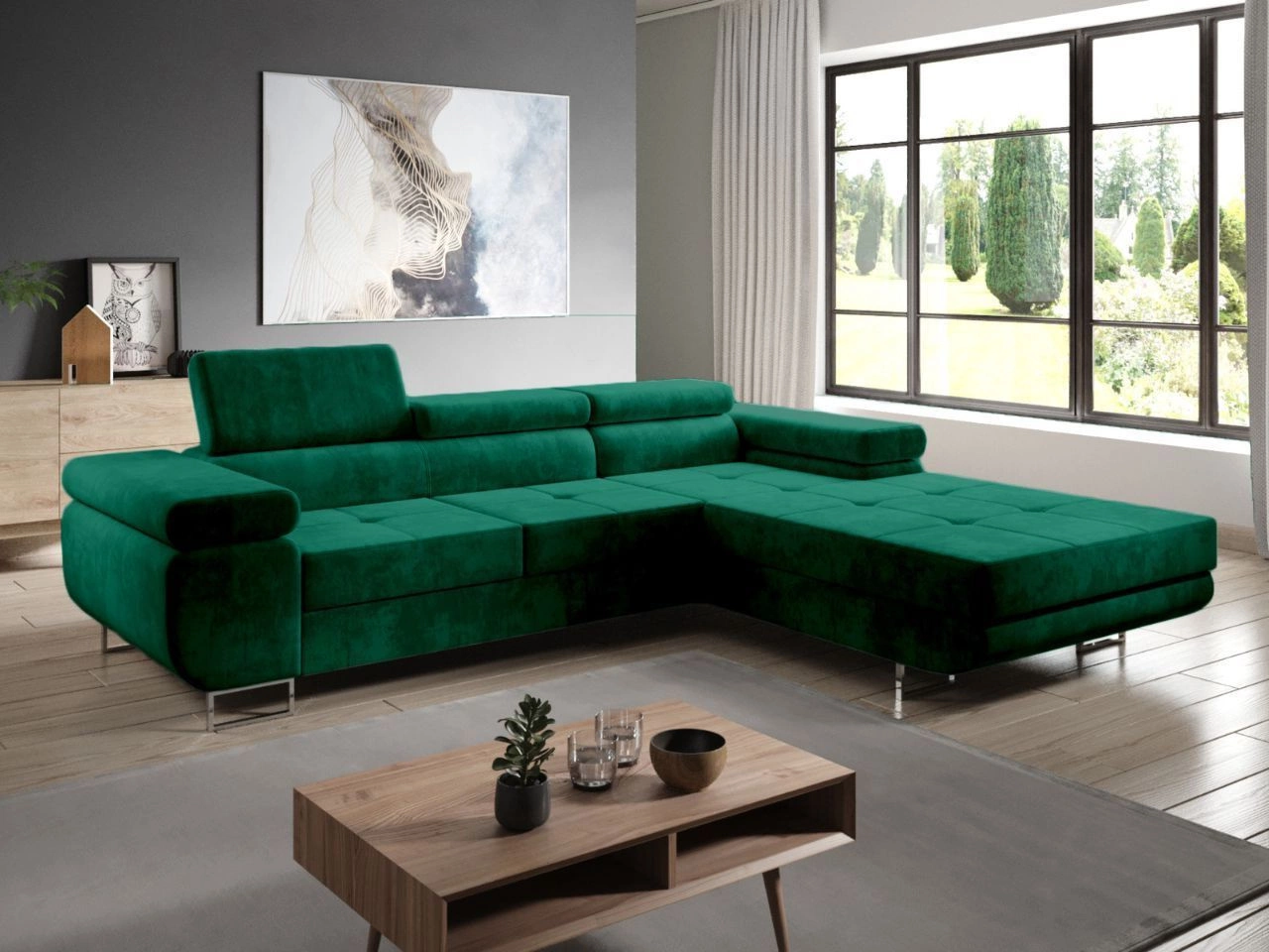 Narożnik L prawy z funkcją spania i pojemnikiem Solam Zielony