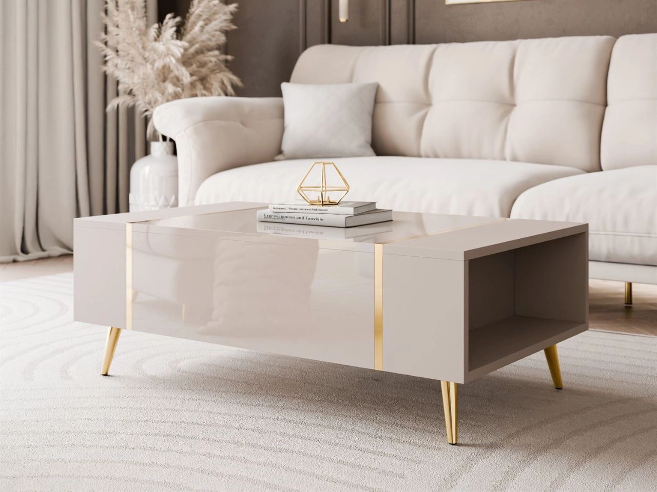 Stolik kawowy na złotych nogach w stylu glamour Lunelie kaszmir połysk