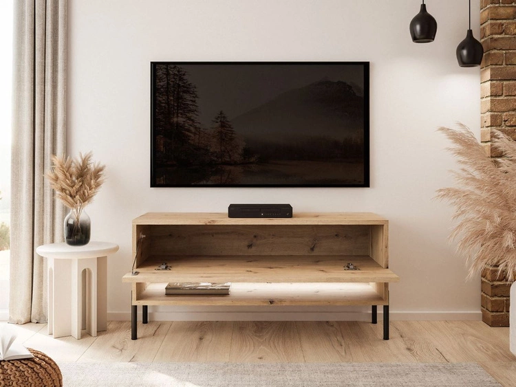 Szafka RTV 90 cm z oświetleniem LED i czarnymi metalowymi nóżkami Aurelie Dąb Artisan
