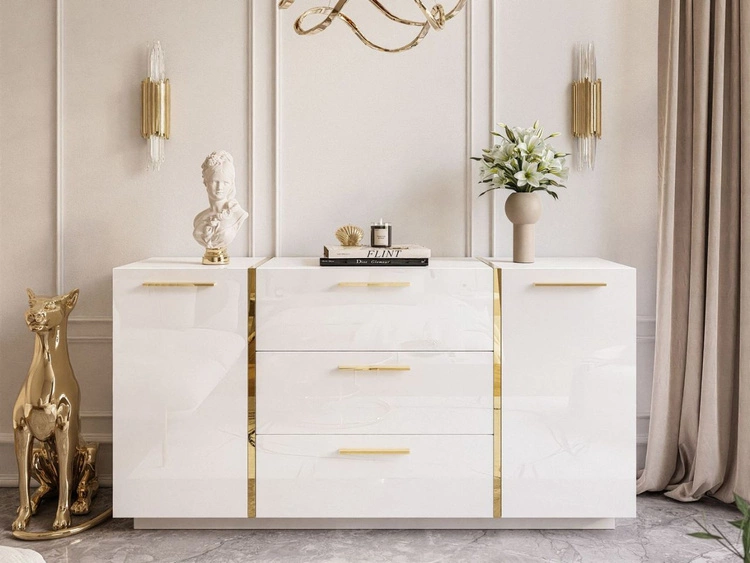 Dwudrzwiowa komoda 158 cm z trzema szufladami Lunelie biały połysk