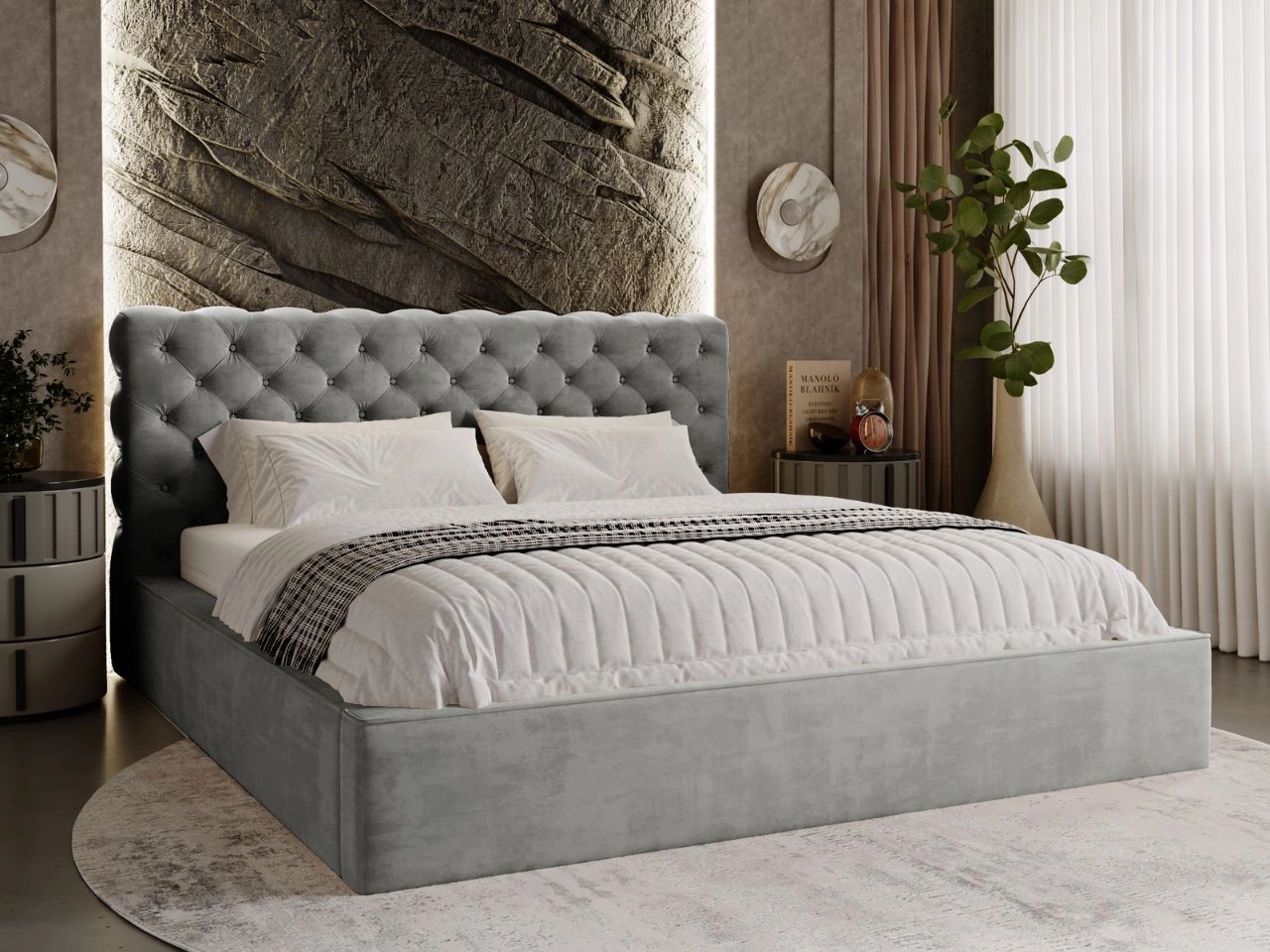 Łóżko tapicerowane z pojemnikiem i stelażem 160x200 Apollo Szare