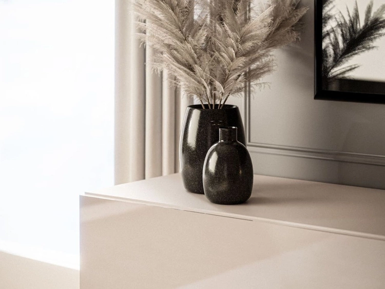 Szafka RTV 90 cm z oświetleniem LED i czarnymi metalowymi nóżkami Aurelie Kaszmir połysk