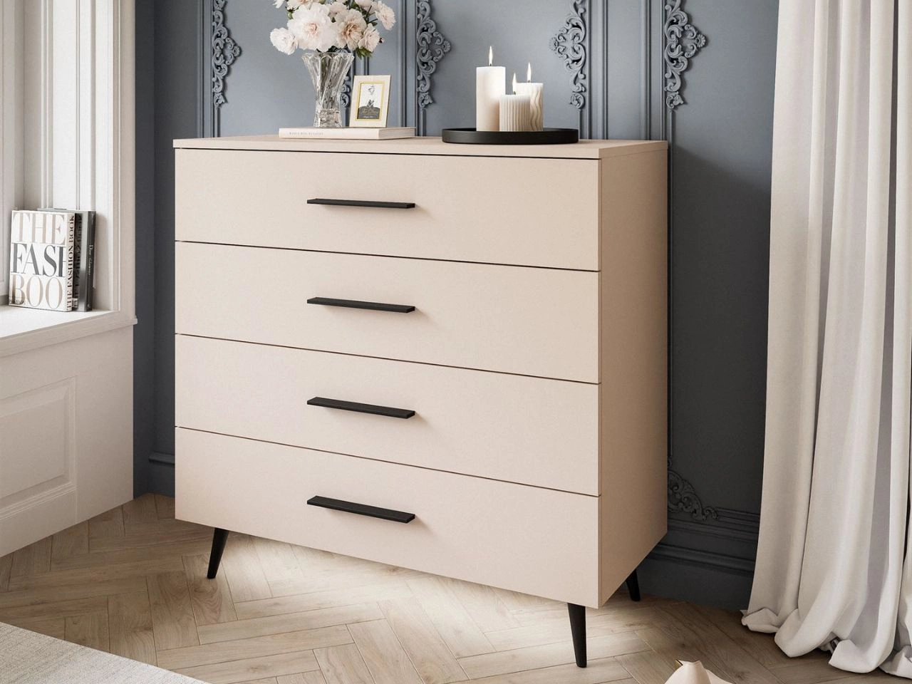 Komoda z szufladami i oświetleniem LED na czarnych nogach Nuveo Kaszmir