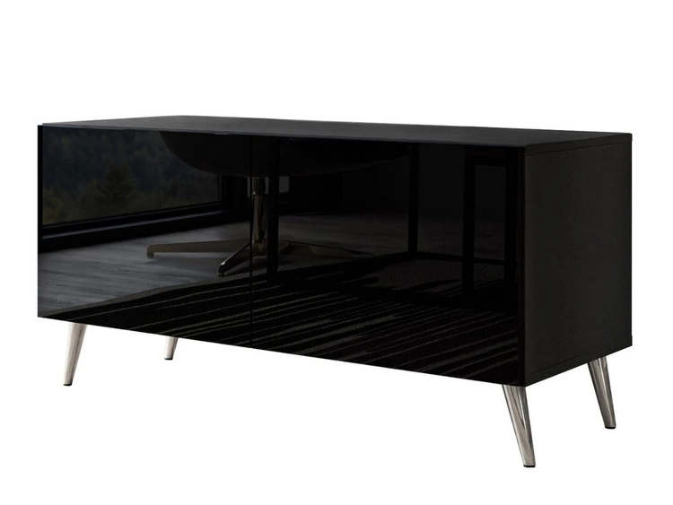 Szafka RTV pod telewizor z drzwiczkami i oświetleniem LED na srebrnych nóżkach 100 cm Noaé Czarny połysk
