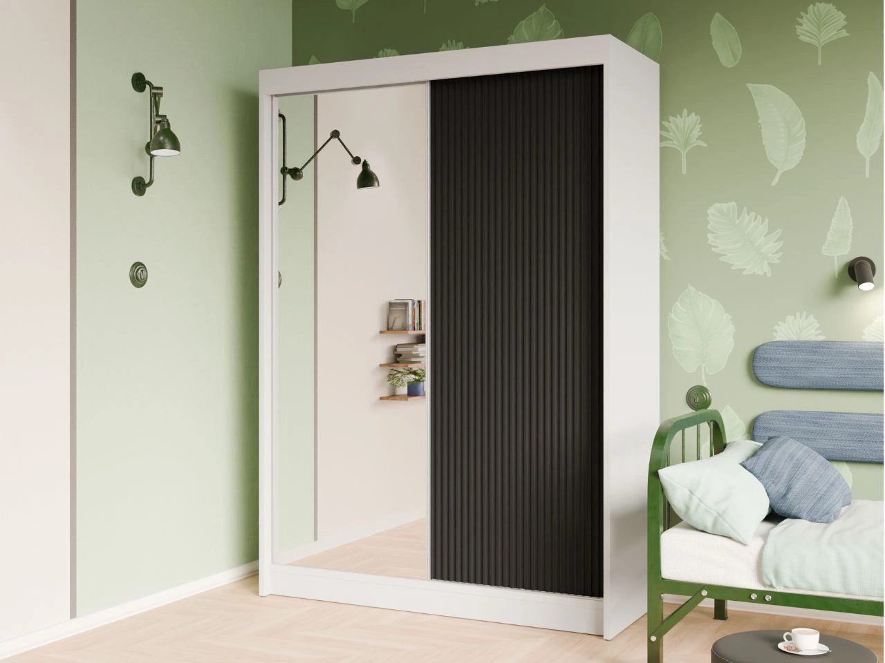 Szafa przesuwna z ryflowanym frontem i lustrem 150 cm Fano Biała, Czarna