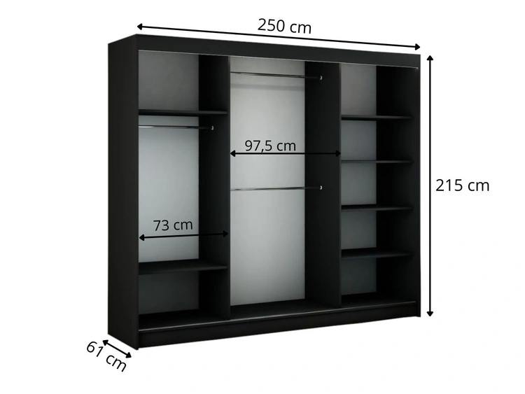 Szafa przesuwna ze szprosami 250 cm z oświetleniem LED Ponti Czarna, Biała