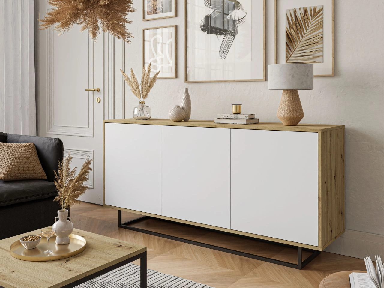 Trzydrzwiowa komoda 154 cm w stylu loft na czarnym stelażu Vivance biały mat i dąb artisan