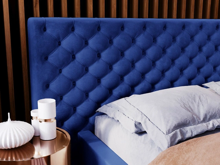 Łóżko tapicerowane z pojemnikiem i stelażem 140x200 cm Madera Niebieskie