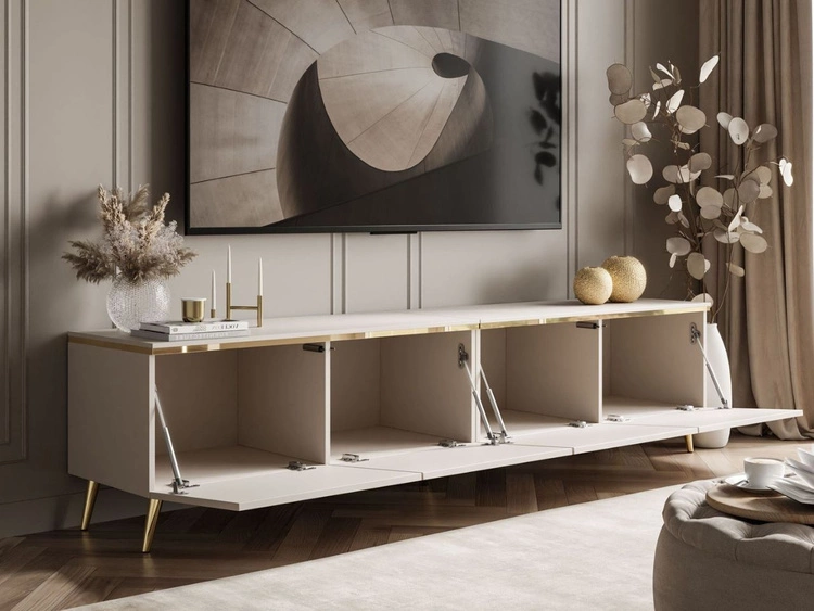 Szafka RTV czterodrzwiowa w stylu glamour z oświetleniem LED Celle kaszmir mat