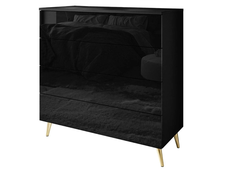 Komoda z czterema szufladami i oświetleniem LED na złotych nóżkach Nuveo Czarny połysk