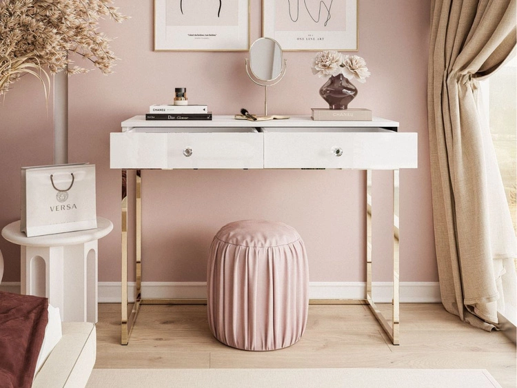 Konsola z szufladami, złotym stelażem i kryształowymi uchwytami Brisa biały połysk