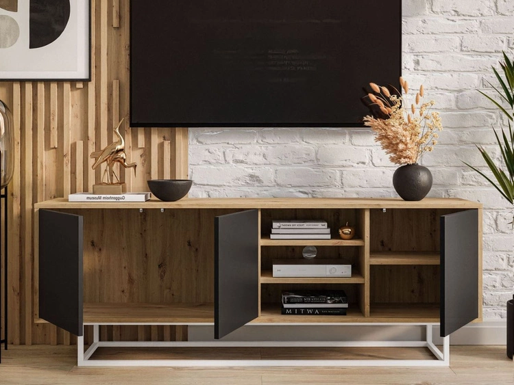 Szafka RTV pod telewizor z drzwiczkami i białym stelażem Vivance Czarny i dąb artisan