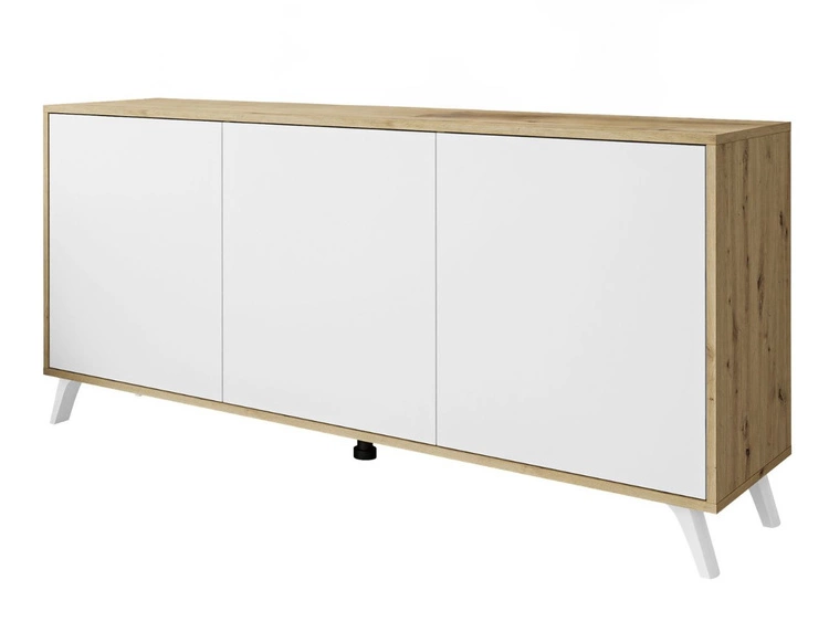 Trzydrzwiowa komoda 154 cm w stylu loft na białych nogach Vivance biały mat i dąb artisan
