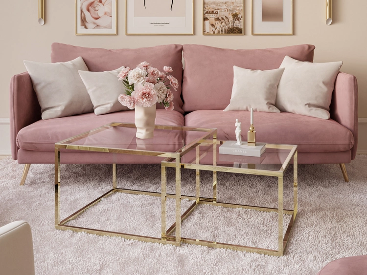 Stolik kawowy na złotym stelażu z przezroczystym blatem Asumi 35x41