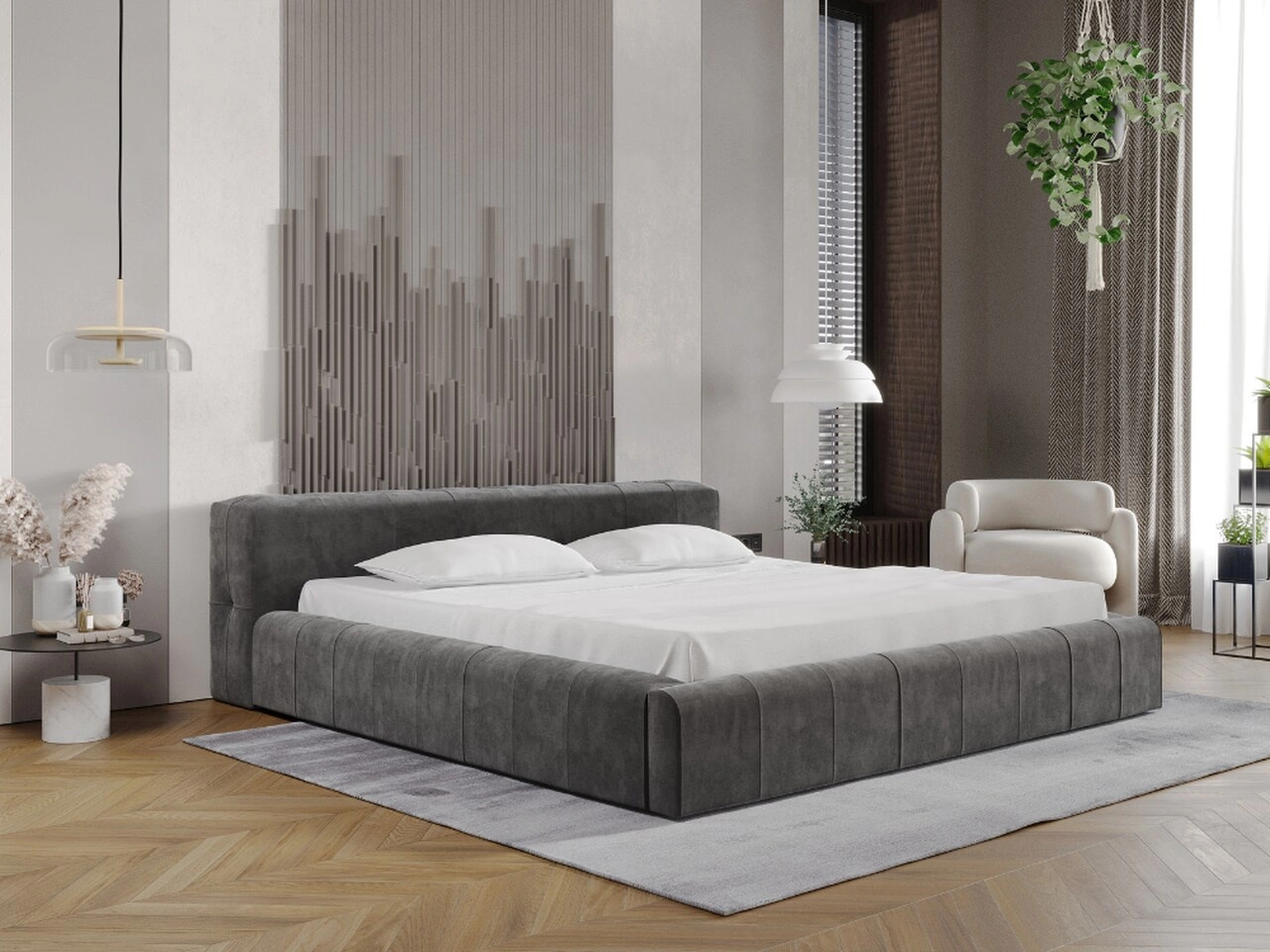 Łóżko tapicerowane z pojemnikiem i stelażem 160x200 Lipari Ciemny szary