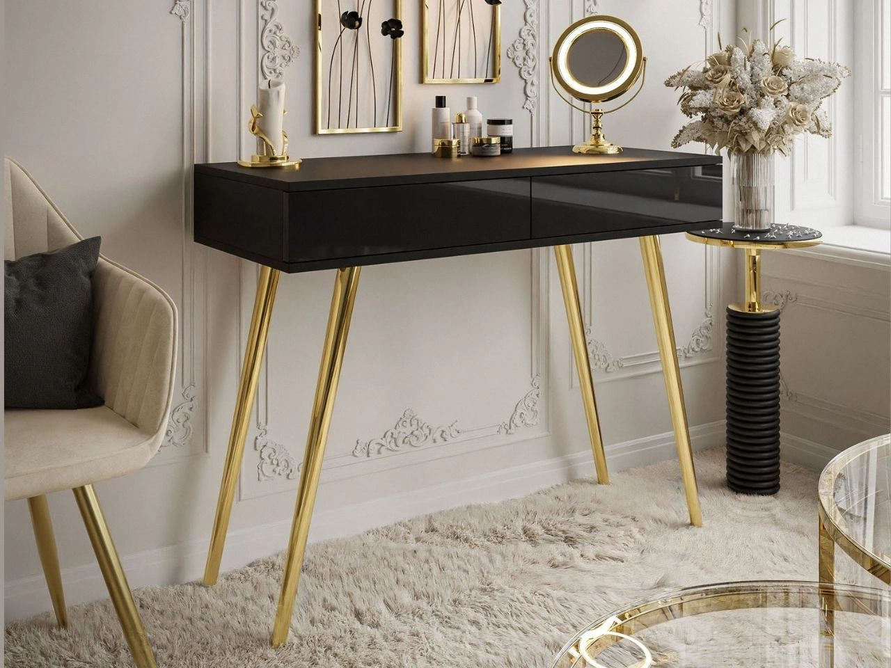 Konsola glamour z szufladami i złotymi nogami Olivine czarny połysk