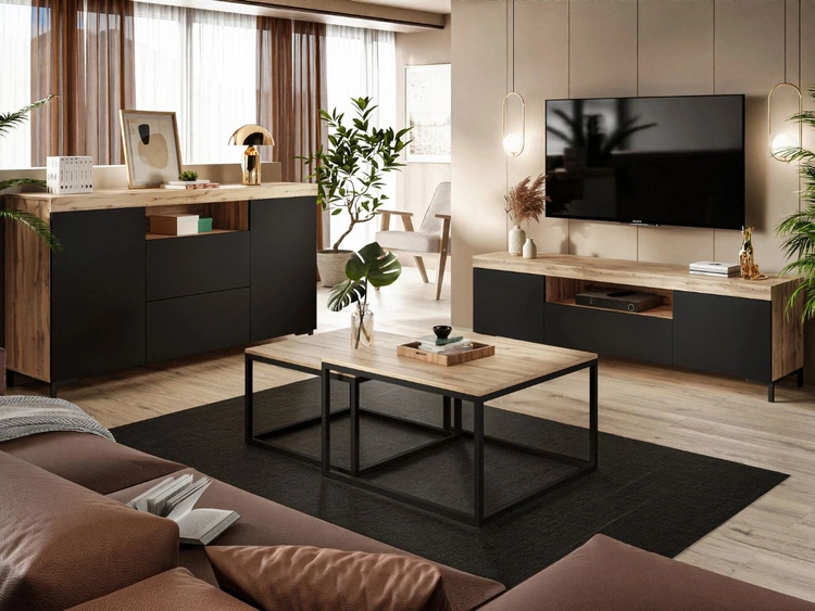 Szafka RTV pod telewizor z drzwiczkami i szufladą Asumi czarny i dąb wotan