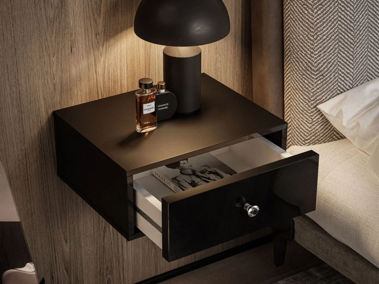 Stolik nocny glamour wiszący z szufladą i oświetleniem LED Brisa czarny połysk