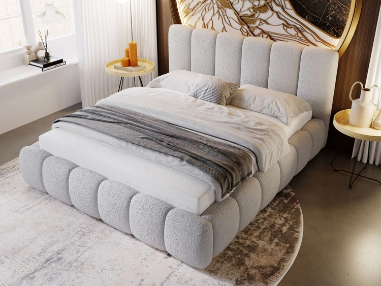 Łóżko tapicerowane bez pojemnika ze stelażem 120x200 Cloud w tkaninie bouclé Jasnoszare