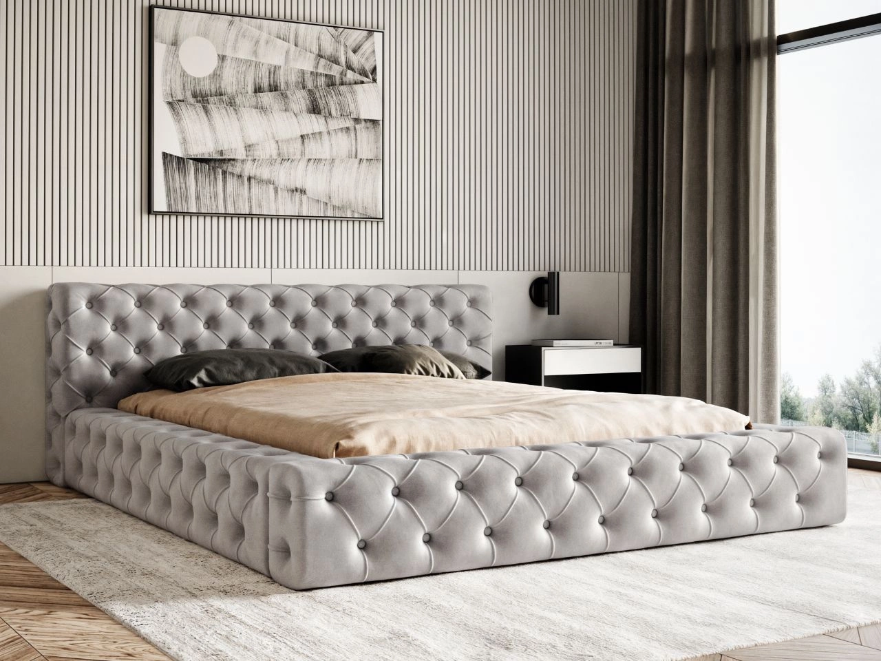 Łóżko tapicerowane z pojemnikiem i stelażem 120x200 cm Palini Szare