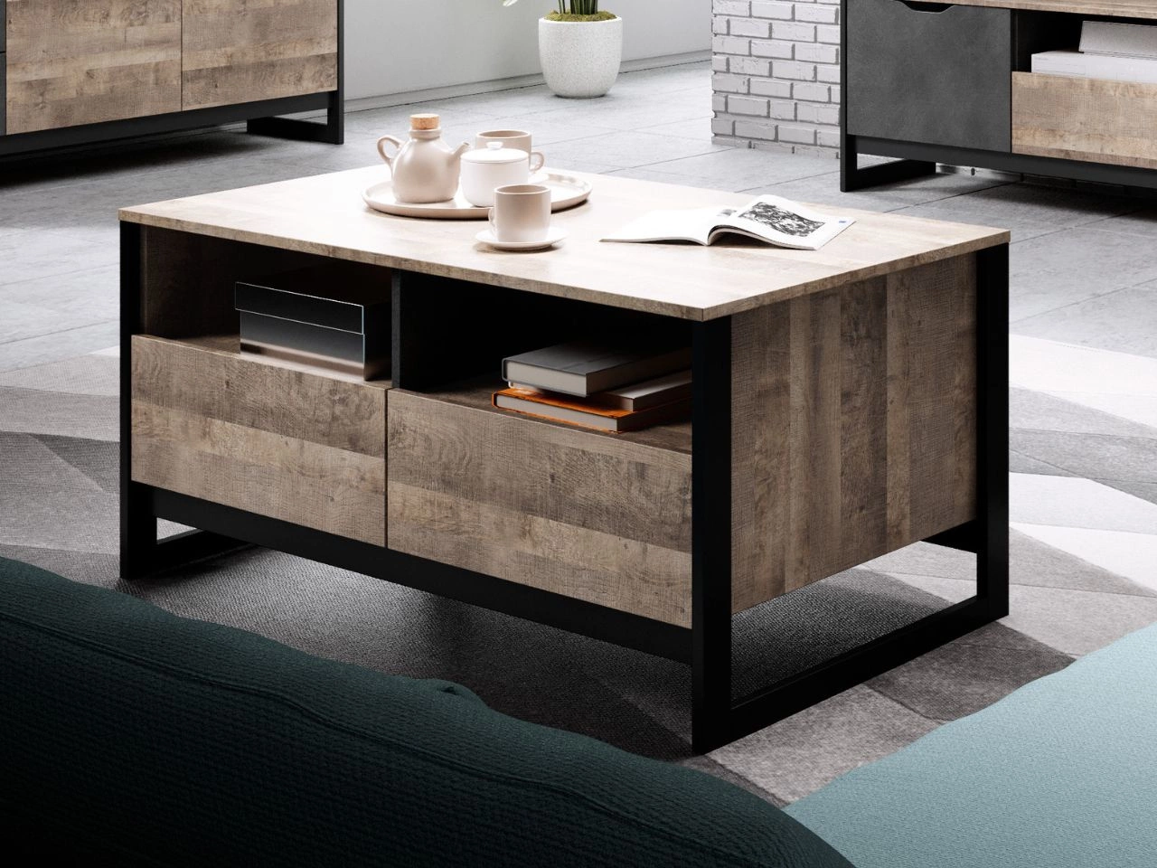 Stolik kawowy z szufladami Denis Dąb Sand Grande, Matera