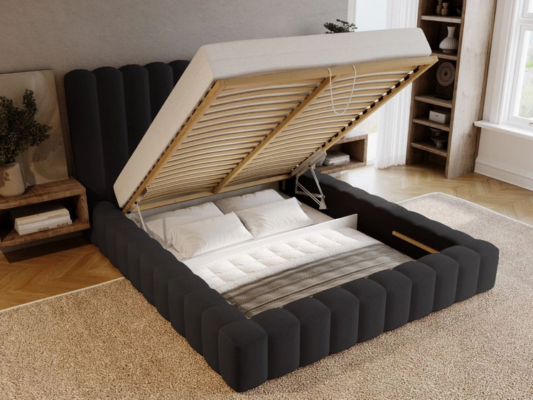 Łóżko tapicerowane z pojemnikiem i stelażem 140x200 cm Rotto Czarne