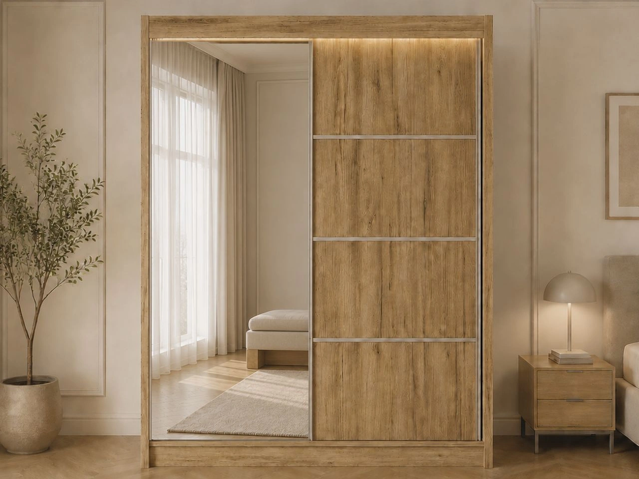 Szafa przesuwna z lustrem 150 cm z oświetleniem LED Portel Dąb Craft Złoty