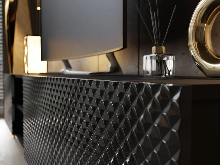 Szafka RTV z frezowanymi frontami 3D i metalowymi czarno-złotymi nóżkami Celiane czarny połysk