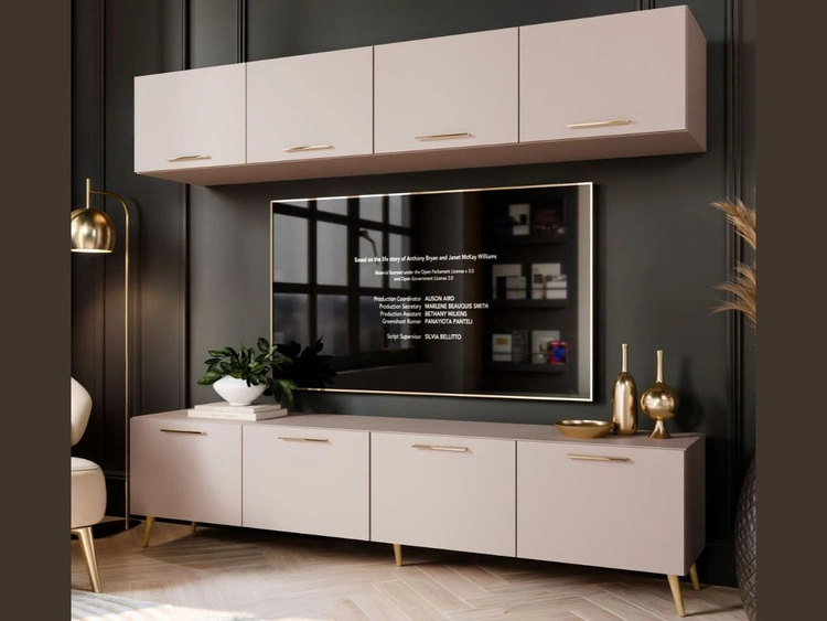 Meblościanka do salonu z oświetleniem LED na złotych nogach Noaé Kaszmir