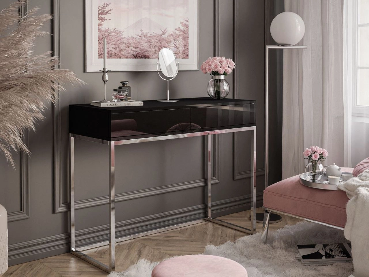 Konsola z szufladami i srebrnym stelażem w stylu glamour Brisa czarny połysk