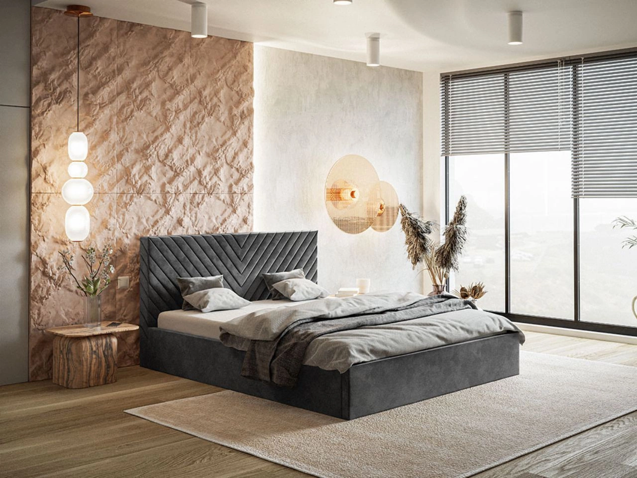 Łóżko tapicerowane z pojemnikiem i stelażem 160x200 Esma Ciemnoszare