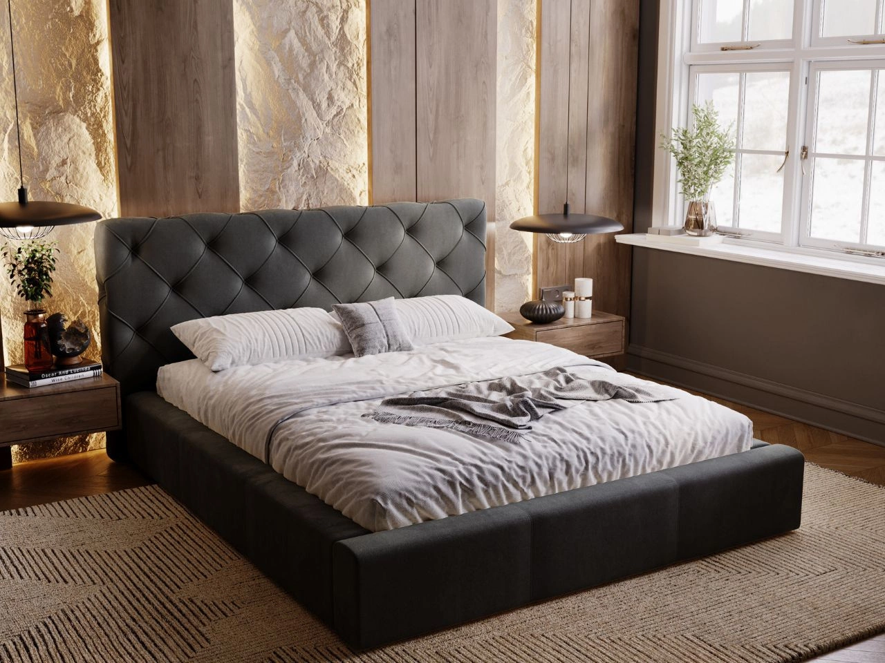 Łóżko tapicerowane z pojemnikiem i stelażem 200x200 Milano Ciemny Szary