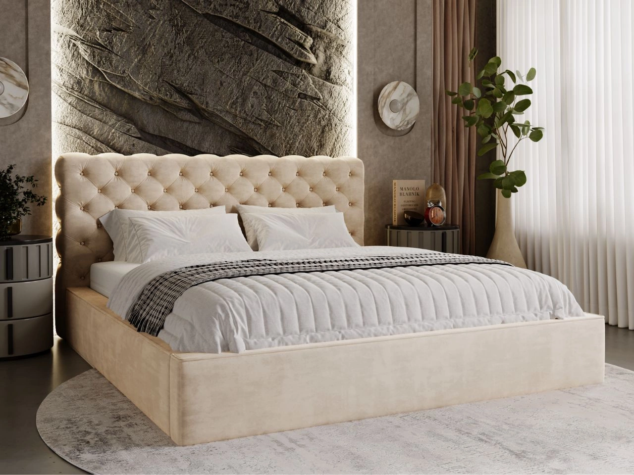 Łóżko tapicerowane z pojemnikiem i stelażem 200x200 Apollo Beżowe