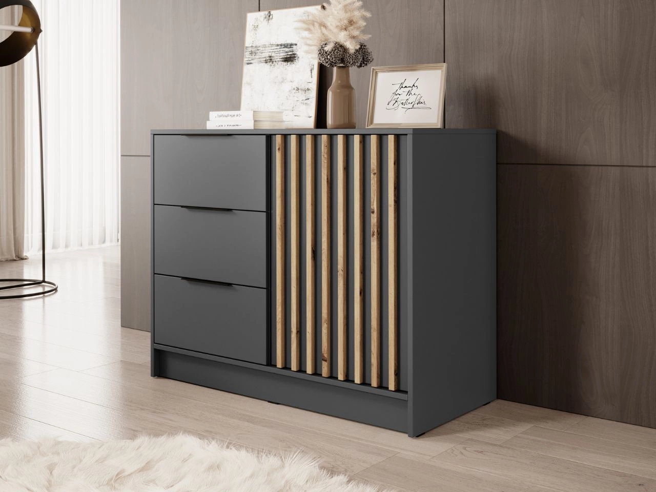 Komoda z drzwiami i szufladami Macron 105 cm Grafit z lamelami