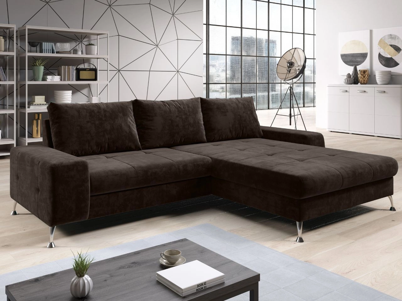 Narożnik L Prawy z funkcją spania i pojemnikiem Tonny Brązowy