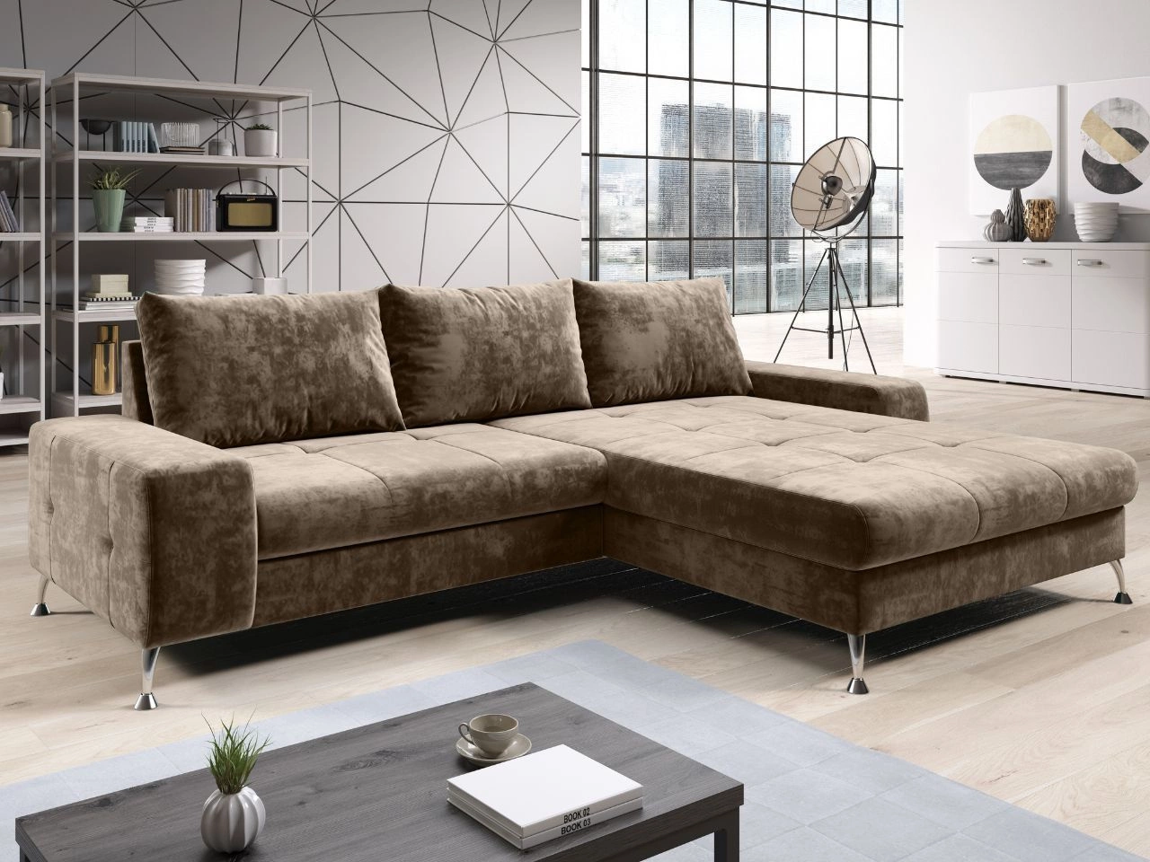 Narożnik L Prawy z funkcją spania i pojemnikiem Tonny Jasny brązowy