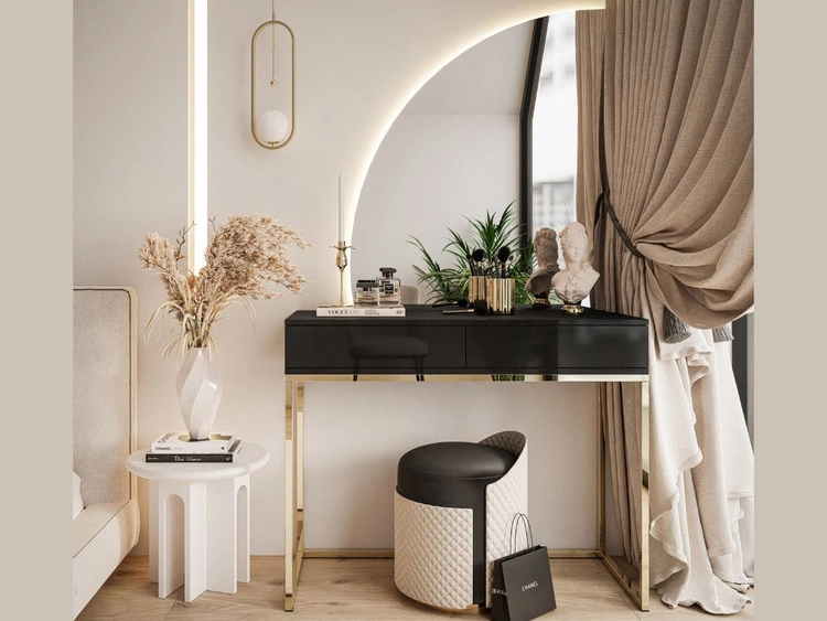 Toaletka kosmetyczna lewostronna z szufladami i oświetleniem LED na złotych nogach Clarette Czarny połysk